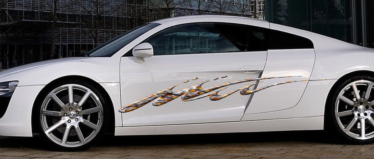 barbwire stripes on white sports car